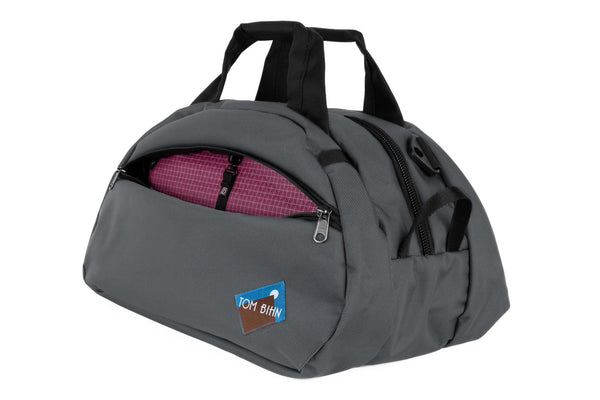 The Old School Carry All in Nebulous Grey 630 Ballistic with Acai (dark purple with white grid) 200 Halcyon interior.